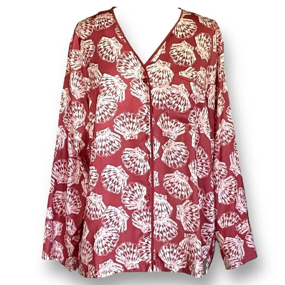 Summersalt Womens Cloud 9 Silky Pajama Top Sz L Brown Seashell Print PJ Shirt